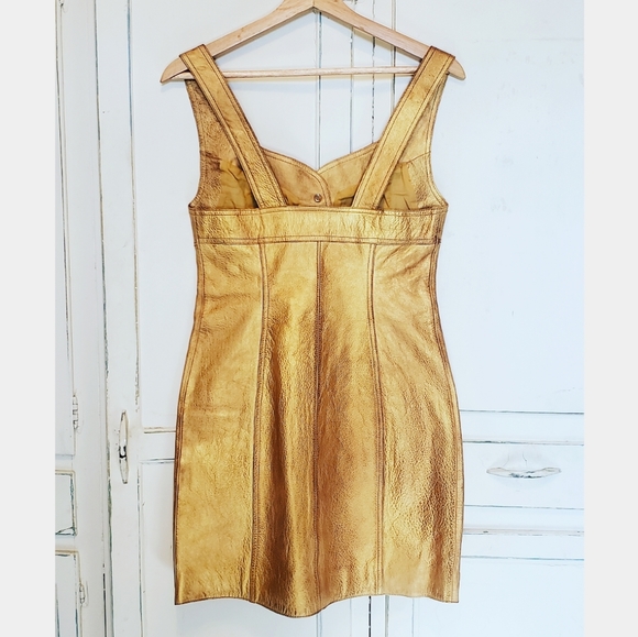 Free People yellow Gold cow Leather button Jumper Party sleeveless mini Dress - Picture 9 of 11
